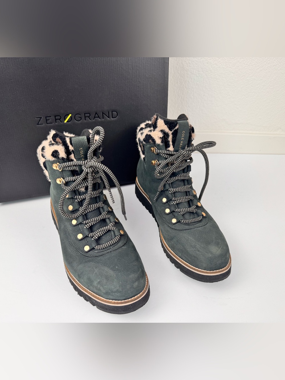 Cole Haan Waterproof Hiking Boots Women’s Size 11 Black Leopard Fur Lined